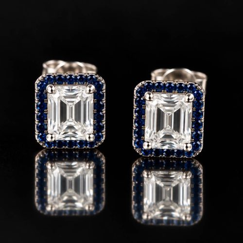 Model Small Rectangle Blue zilveren oorringen gezet met blauwe en witte cubic zirconia