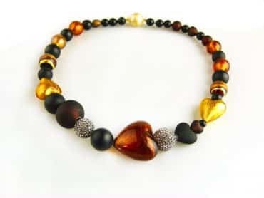 collier onyx en bruin venetiaans glas en bruine strassparels - Armband