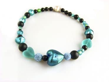 collier onyx en turkoois venetiaans glas en strassparels - Armband