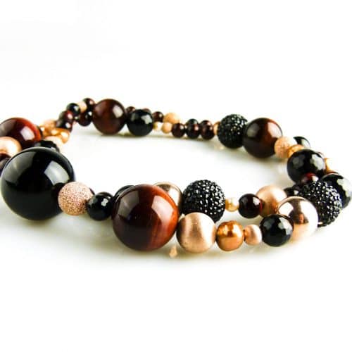 collier gemengde halfedelstenen : onyx, tijgeroog, strassparels en zilver roze verguld - Armband