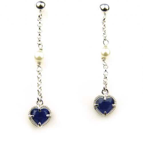 oorringen in zilver model heart met parel - donkerblauw - Saffier