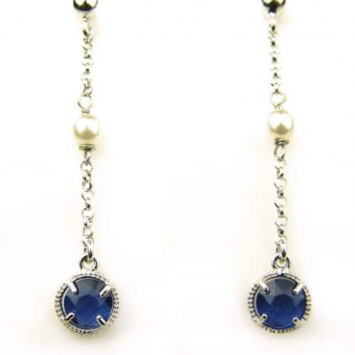 oorringen in zilver model round met parel - donkerblauw - Saffier