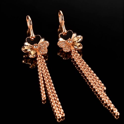 Oorringen Model Blossom Long zilveren oorringen oorbellen roos goud verguld gezet met bruine stenen
