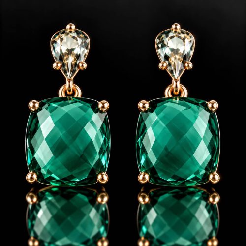 Oorringen Model Rectangle oorringen oorbellen roos goud verguld gezet met groene en blauwe steen