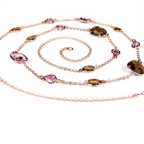 Zilveren halsketting collier halssnoer roze goud verguld Model Multi Forms gezet met roze en bruine stenen - Ketting