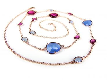 Zilveren halsketting collier halssnoer roze goud verguld Model Multi Forms gezet met roze en blauwe stenen - Ketting