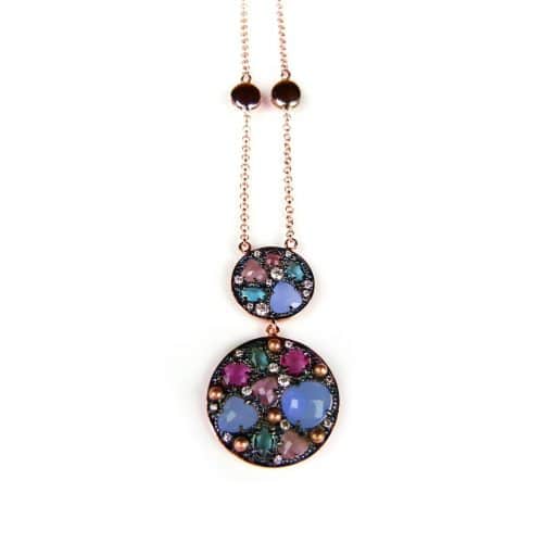 Zilveren halsketting collier halssnoer roos goud verguld Model Double Full Moon gezet met blauwe en roze stenen - Medaillon