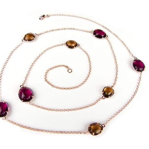 Zilveren halsketting collier halssnoer roze goud verguld Model Bubbels gezet met bruine en bordeaux stenen - Ketting