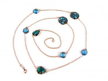 Zilveren ketting collier halssnoer roos goud verguld Model Colorfull Shine gezet met blauwe stenen - Turkoois