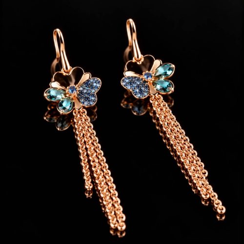 Oorringen Model Blossom Long zilveren oorringen oorbellen roos goud verguld gezet met blauwe stenen