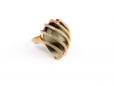Zilveren ring Model Lines zilveren ring roos goud verguld gezet met grote grijze steen en cubic zirconia - Ring