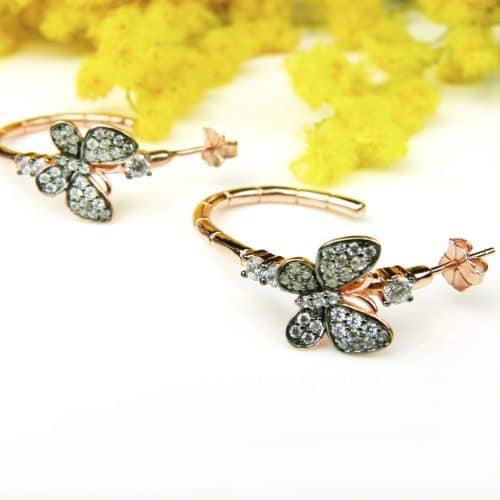 Zilveren oorringen roos goud verguld Model Butterfly blauw gezet met blauwe en witte stenen - Sieraden voor piercings
