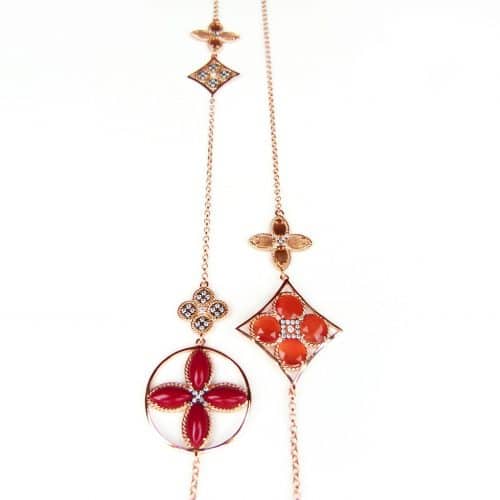 Lange zilveren collier halsketting roos goud verguld Model Inspired Beauty gezet met rode en oranje stenen - Oorbel