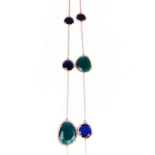 Lange zilveren collier halsketting roos goud verguld Model Magic Colors gezet met blauwe en groene stenen - Turkoois