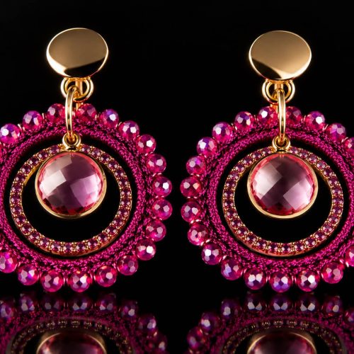 Oorringen Model Mini Stones goudkleurig met fushia roze stenen
