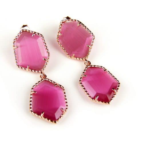 Zilveren oorringen oorbellen Model Hexagon met roze stenen - Oorbel