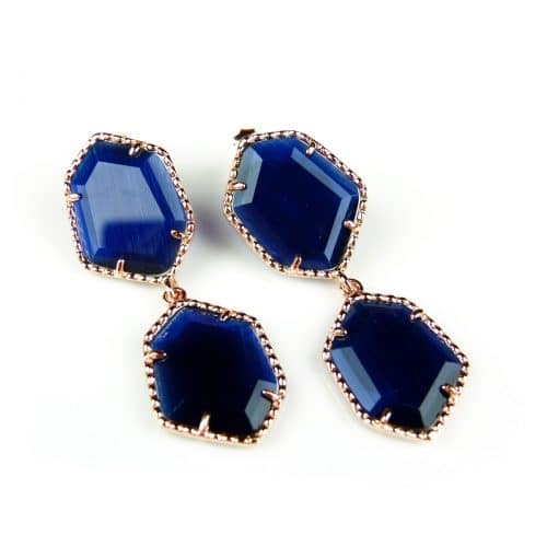 Zilveren oorringen oorbellen roos goud verguld Model Hexagon met donkerblauwe stenen - Saffier