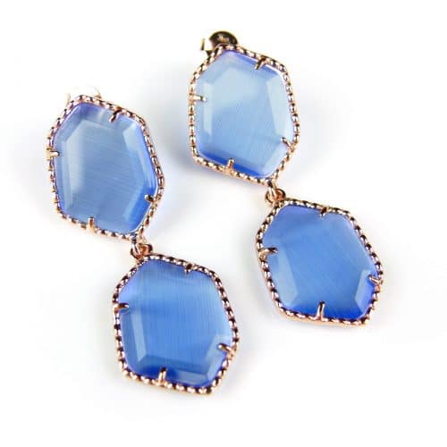 Zilveren oorringen oorbellen roos goud verguld Model Hexagon met blauwe stenen - Oorbel