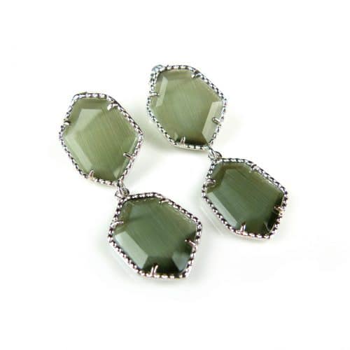 Zilveren oorringen oorbellen Model Hexagon met grijs groene stenen - Sieraden