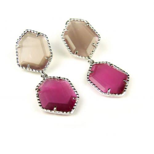 Zilveren oorringen oorbellen Model Hexagon met roze en bruine stenen - Oorbel