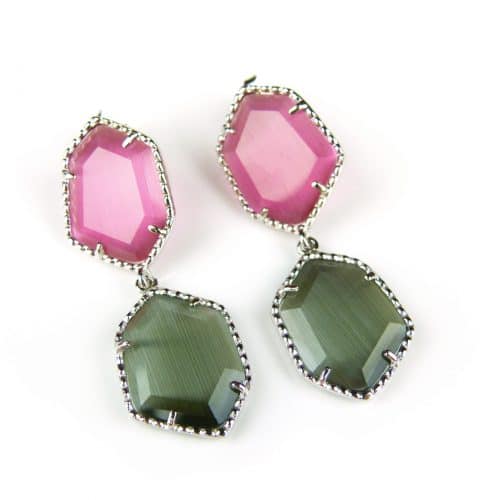 Zilveren oorringen oorbellen Model Hexagon met roze en grijze stenen - Oorbel