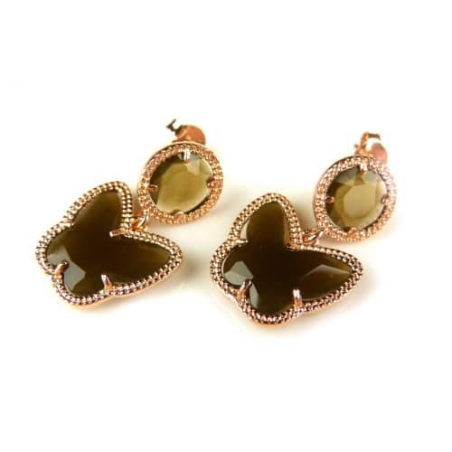 Zilveren oorringen oorbellen roos goud verguld Model Butterfly met bruine stenen - Oorbel