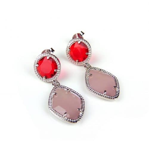 Zilveren oorringen oorbellen Model Tango gezet met roze en rode stenen - Medaillon