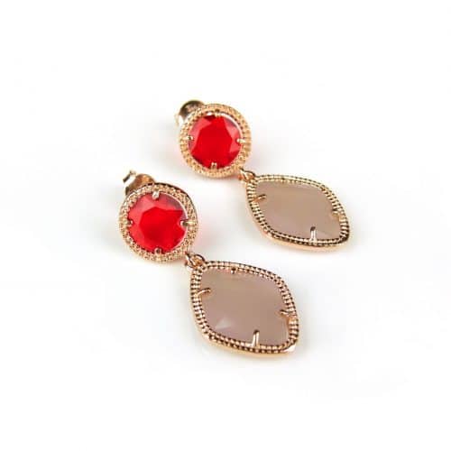 Zilveren oorringen oorbellen roos goud verguld Model Tango gezet met roze en rode stenen - Oorbel