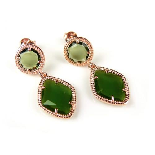 Zilveren oorringen oorbellen roos goud verguld Model Tango gezet met groene kaki stenen - Smaragd