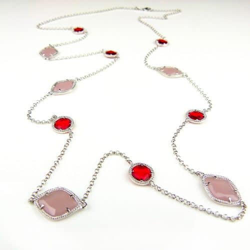 Zilveren halsketting halssnoer collier Model Pret a Porter met roze en rode stenen - Ketting
