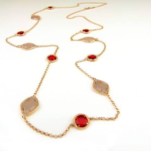 Zilveren halsketting halssnoer collier roos goud verguld Model Pret a Porter met roze en rode stenen - Ketting