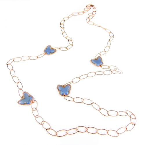 Zilveren halsketting halssnoer collier roos goud verguld Model Butterfly met licht blauwe stenen - Keten