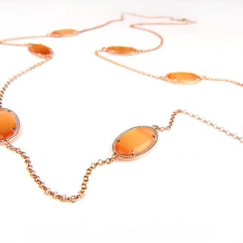 Zilveren halsketting halssnoer collier roos goud verguld Model Oval met oranje stenen - Kraal