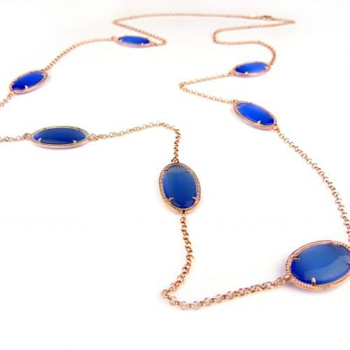 Zilveren halsketting halssnoer collier roos goud verguld Model Oval met blauwe stenen - Keten