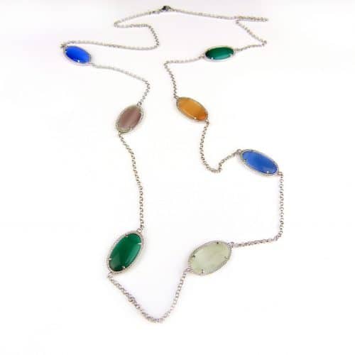 Zilveren halsketting halssnoer collier Model Oval gezet met gekleurde stenen - Turkoois