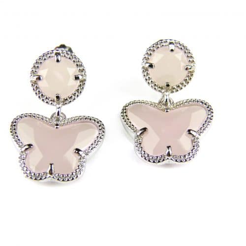 Zilveren oorringen oorbellen Model vlinder en rond gezet met roze steen