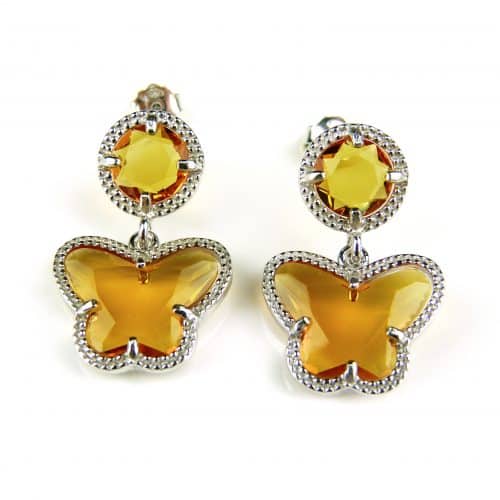 Zilveren oorringen oorbellen Model vlinder en rond gezet met amberkleurige steen