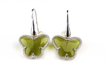 Zilveren oorringen oorbellen Model vlinder gezet met kaki groene steen