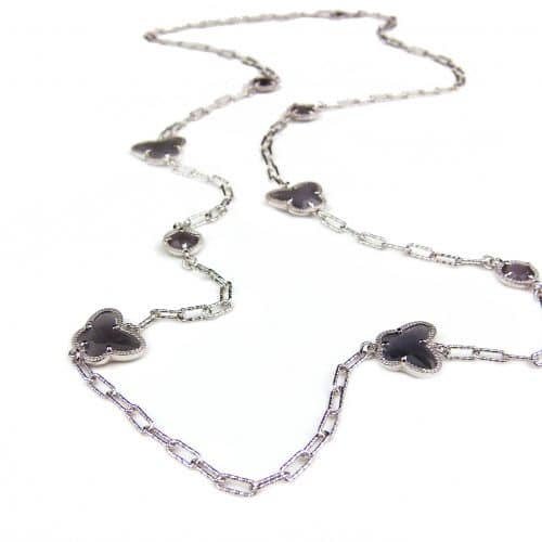 lange zilveren halsketting collier halssnoer gerhodineerd Model Vlinder en Bol met grijze stenen