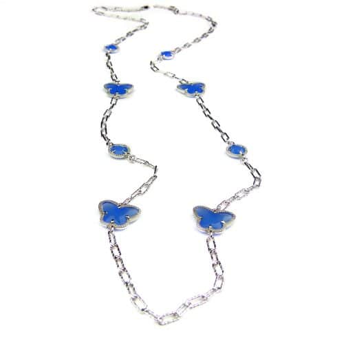 lange zilveren halsketting collier halssnoer gerhodineerd Model Vlinder en Bol met blauwe stenen