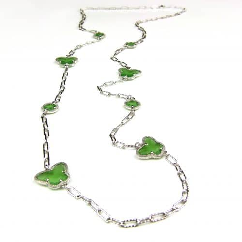 lange zilveren halsketting collier halssnoer gerhodineerd Model Vlinder en Bol met groene stenen