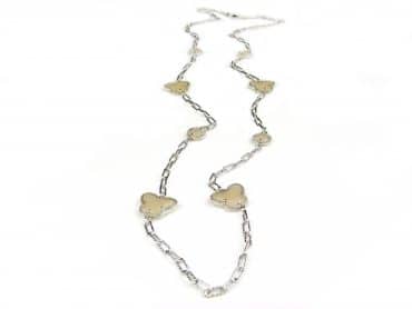 lange zilveren halsketting collier halssnoer gerhodineerd Model Vlinder en Bol met beige stenen