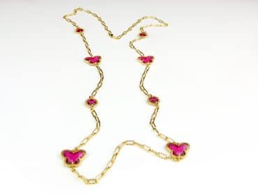 lange zilveren halsketting collier halssnoer geelgoud verguld Model Vlinder en Bol met rode stenen