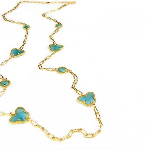 lange zilveren halsketting collier halssnoer geelgoud verguld Model Vlinder en Bol met turkoois blauwe stenen