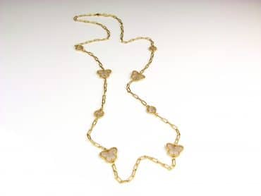 lange zilveren halsketting collier halssnoer geelgoud verguld Model Vlinder en Bol met bruine stenen