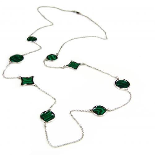 lange zilveren collier halsketting halssnoer gerhodineerd verguld Model Blossom met groene stenen