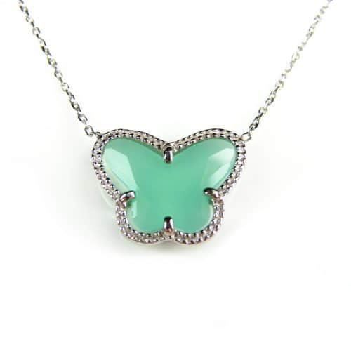 korte zilveren halsketting halssnoer collier gerhodineerd Model Vlinder met munt groene steen