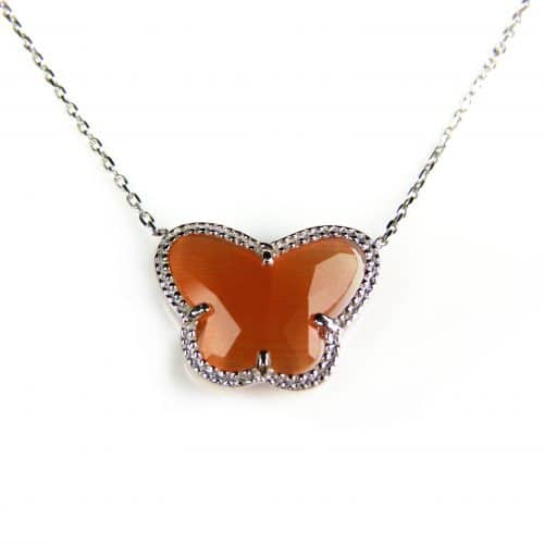 korte zilveren halsketting halssnoer collier gerhodineerd Model Vlinder met oranje steen