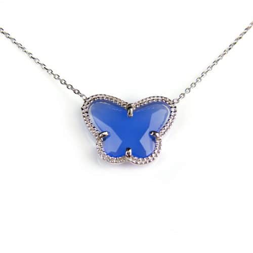 korte zilveren halsketting halssnoer collier gerhodineerd Model Vlinder met blauwe steen