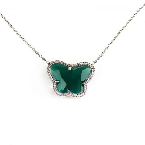 korte zilveren halsketting halssnoer collier gerhodineerd Model Vlinder met donker groene steen